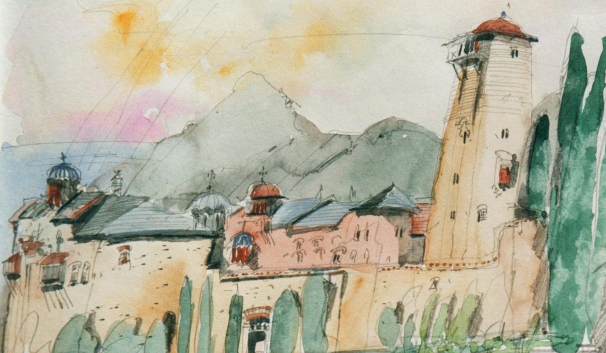 watercolor painting of a monastery 